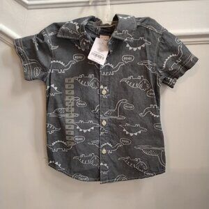 NWT Toddler Boys’ Dinosaur Button-Down Shirt – Gray Short Sleeve (2T)